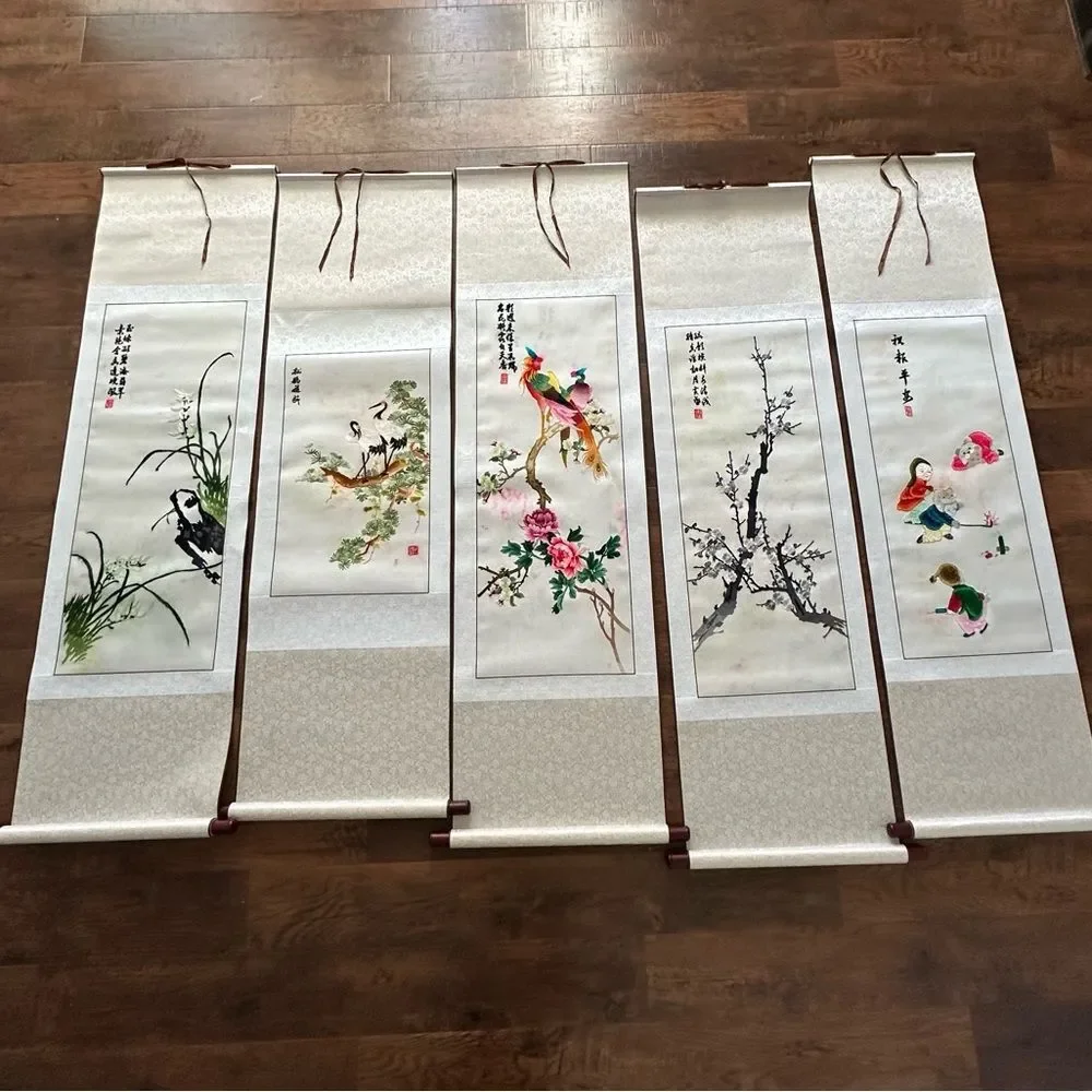 Vintage Chinese Silk Kesi Needlepoint Embroidered Tapestry Scroll 5 Panels Piece